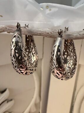 Elegant Filigree Teardrop Hoop Earrings - Sterling Silver
